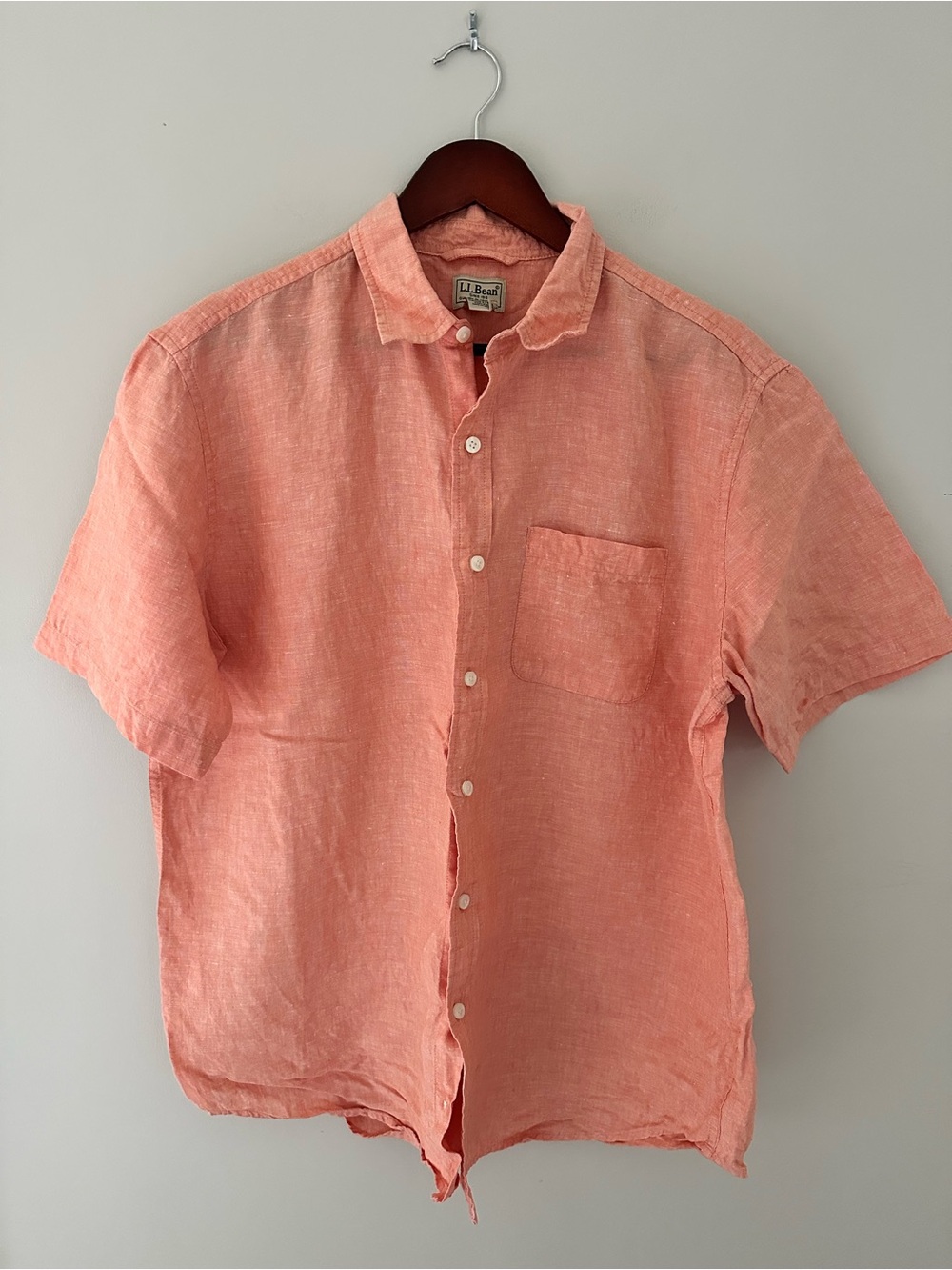 L.L. Bean Mens Short-Sleeve 100% Linen Shirt in Coral Sz Large